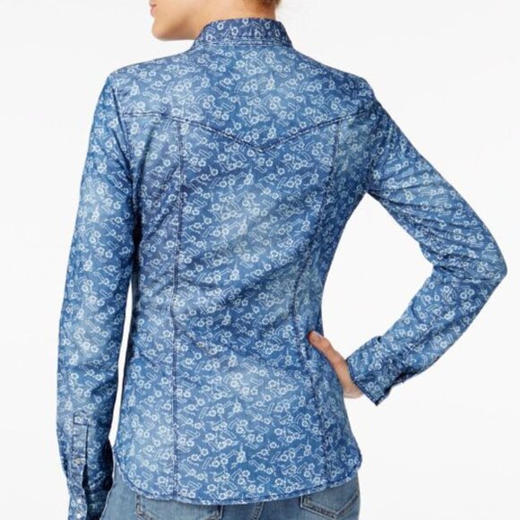 GUESS Lalima Blue Denim Printed Floral Flower Faux Pearls Casual Shirt Top RARE - Picture 2 of 11